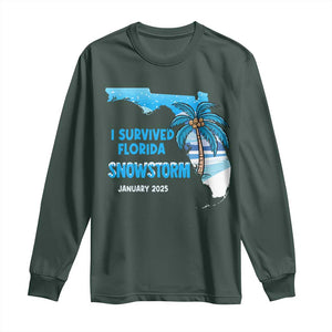 Funny I Survived Florida Snowstorm 2025 Long Sleeve Shirt Coconut Palm Tree TS11 Dark Forest Green Print Your Wear