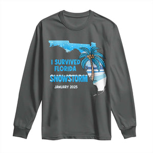 Funny I Survived Florida Snowstorm 2025 Long Sleeve Shirt Coconut Palm Tree TS11 Dark Heather Print Your Wear