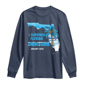 Funny I Survived Florida Snowstorm 2025 Long Sleeve Shirt Coconut Palm Tree TS11 Navy Print Your Wear