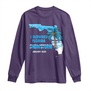 Funny I Survived Florida Snowstorm 2025 Long Sleeve Shirt Coconut Palm Tree TS11 Purple Print Your Wear