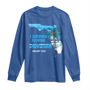 Funny I Survived Florida Snowstorm 2025 Long Sleeve Shirt Coconut Palm Tree TS11 Royal Blue Print Your Wear