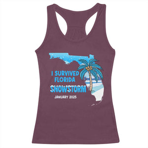 Funny I Survived Florida Snowstorm 2025 Racerback Tank Top Coconut Palm Tree TS11 Maroon Print Your Wear