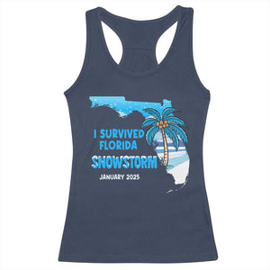 Funny I Survived Florida Snowstorm 2025 Racerback Tank Top Coconut Palm Tree TS11 Navy Print Your Wear