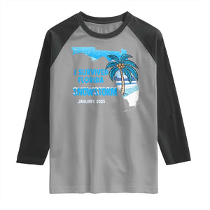 Funny I Survived Florida Snowstorm 2025 Raglan Shirt Coconut Palm Tree TS11 Sport Gray Black Print Your Wear