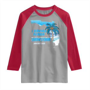 Funny I Survived Florida Snowstorm 2025 Raglan Shirt Coconut Palm Tree TS11 Sport Gray Red Print Your Wear