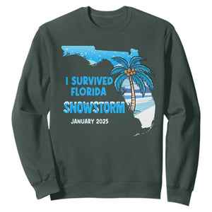 Funny I Survived Florida Snowstorm 2025 Sweatshirt Coconut Palm Tree TS11 Dark Forest Green Print Your Wear