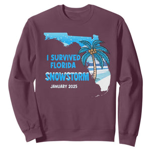 Funny I Survived Florida Snowstorm 2025 Sweatshirt Coconut Palm Tree TS11 Maroon Print Your Wear