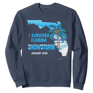 Funny I Survived Florida Snowstorm 2025 Sweatshirt Coconut Palm Tree TS11 Navy Print Your Wear