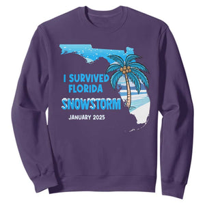 Funny I Survived Florida Snowstorm 2025 Sweatshirt Coconut Palm Tree TS11 Purple Print Your Wear