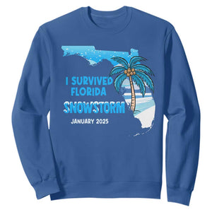 Funny I Survived Florida Snowstorm 2025 Sweatshirt Coconut Palm Tree TS11 Royal Blue Print Your Wear