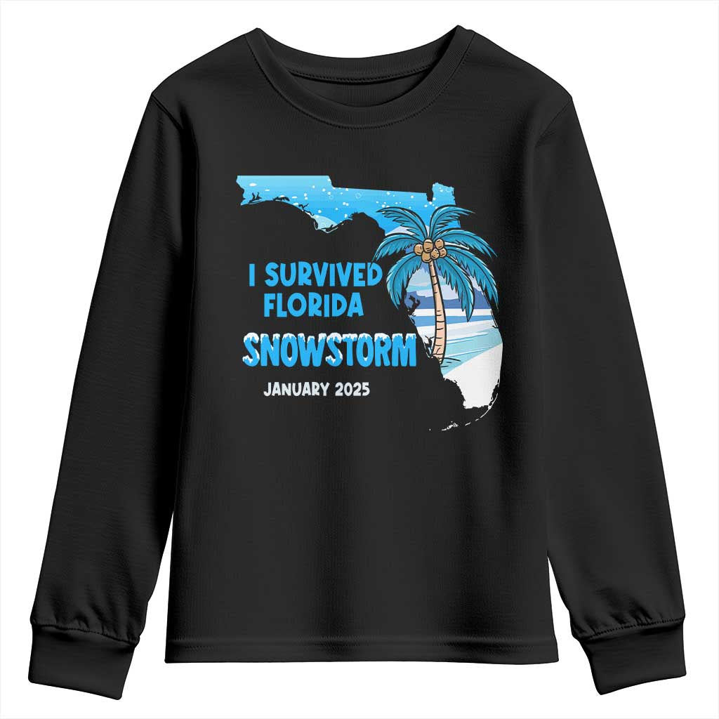 Funny I Survived Florida Snowstorm 2025 Youth Sweatshirt Coconut Palm Tree TS11 Black Print Your Wear