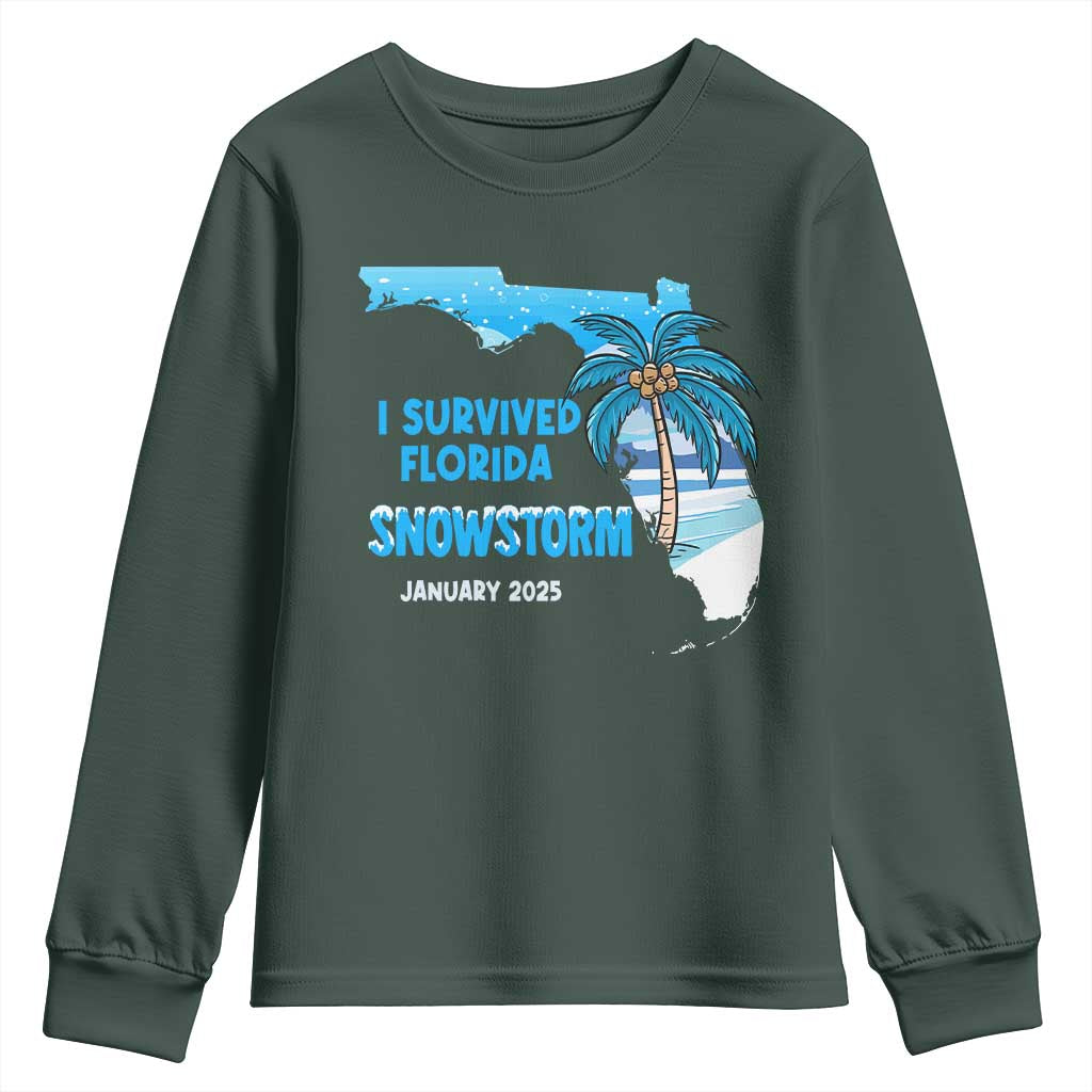 Funny I Survived Florida Snowstorm 2025 Youth Sweatshirt Coconut Palm Tree TS11 Dark Forest Green Print Your Wear
