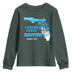Funny I Survived Florida Snowstorm 2025 Youth Sweatshirt Coconut Palm Tree TS11 Dark Forest Green Print Your Wear