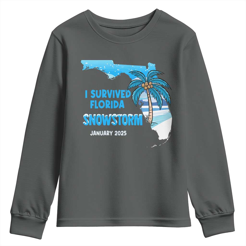 Funny I Survived Florida Snowstorm 2025 Youth Sweatshirt Coconut Palm Tree TS11 Dark Heather Print Your Wear