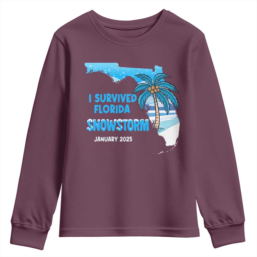 Funny I Survived Florida Snowstorm 2025 Youth Sweatshirt Coconut Palm Tree TS11 Maroon Print Your Wear