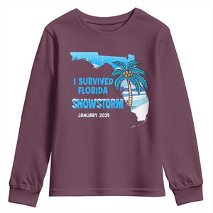 Funny I Survived Florida Snowstorm 2025 Youth Sweatshirt Coconut Palm Tree TS11 Maroon Print Your Wear