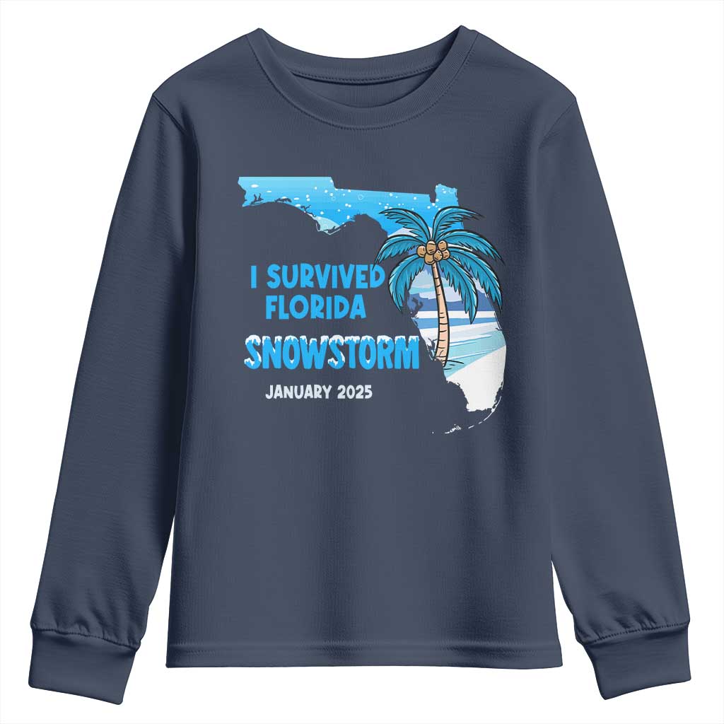 Funny I Survived Florida Snowstorm 2025 Youth Sweatshirt Coconut Palm Tree TS11 Navy Print Your Wear