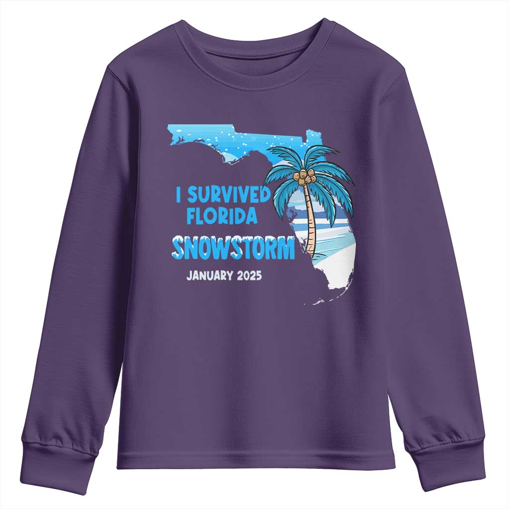 Funny I Survived Florida Snowstorm 2025 Youth Sweatshirt Coconut Palm Tree TS11 Purple Print Your Wear