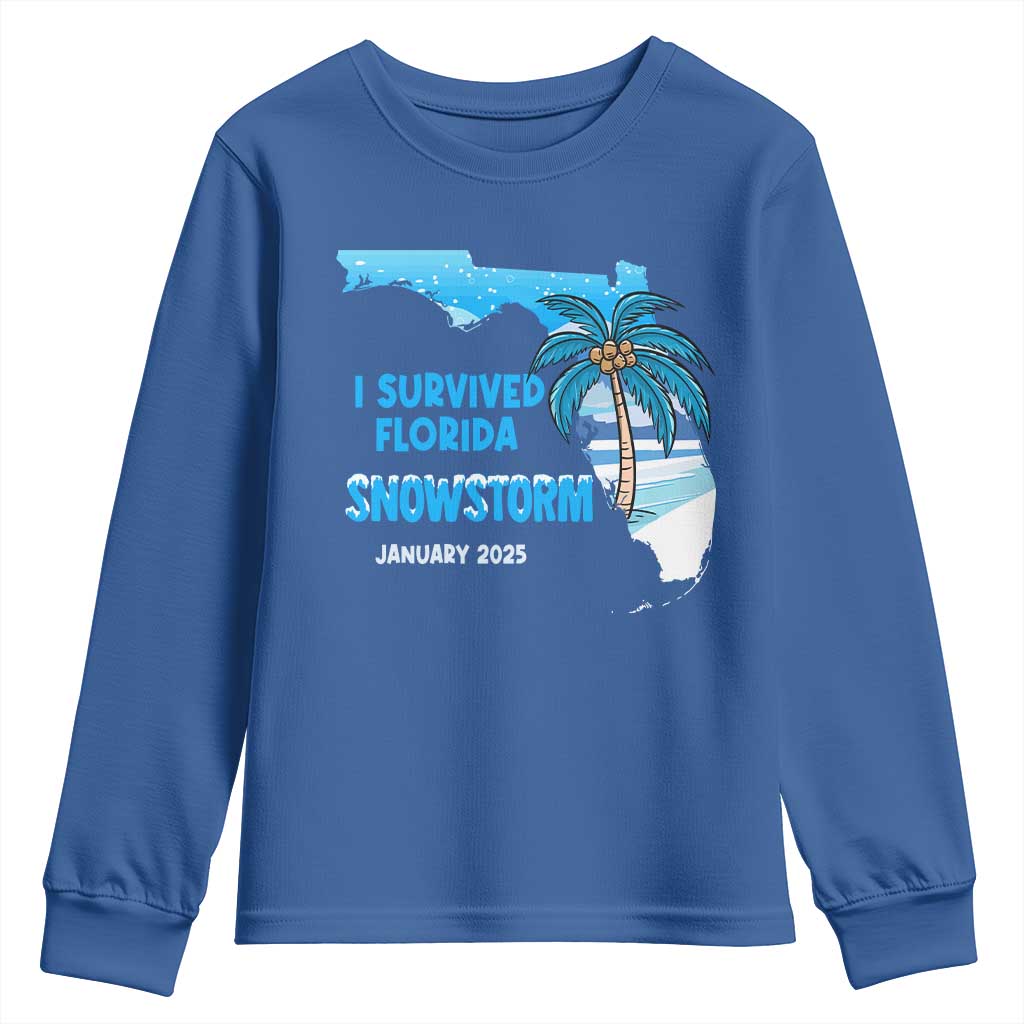 Funny I Survived Florida Snowstorm 2025 Youth Sweatshirt Coconut Palm Tree TS11 Royal Blue Print Your Wear