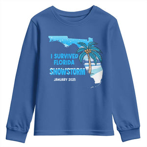 Funny I Survived Florida Snowstorm 2025 Youth Sweatshirt Coconut Palm Tree TS11 Royal Blue Print Your Wear