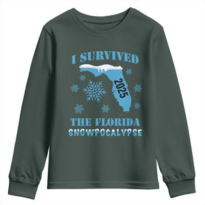 Funny I Survived The Florida Snowpocalypse 2025 Youth Sweatshirt Snowflakes TS11 Dark Forest Green Print Your Wear