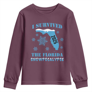 Funny I Survived The Florida Snowpocalypse 2025 Youth Sweatshirt Snowflakes TS11 Maroon Print Your Wear