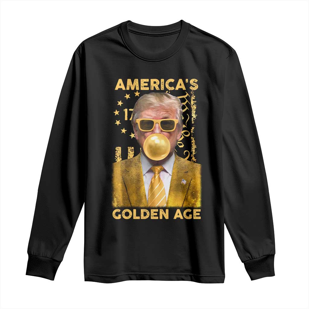 Funny Trump 2025 American's Golden Age Long Sleeve Shirt Trump Bubble Gum Gold American Flag TS11 Black Print Your Wear