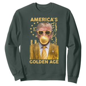 Funny Trump 2025 American's Golden Age Sweatshirt Trump Bubble Gum Gold American Flag TS11 Dark Forest Green Print Your Wear