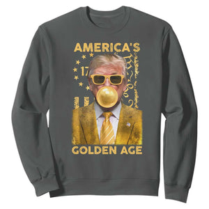 Funny Trump 2025 American's Golden Age Sweatshirt Trump Bubble Gum Gold American Flag TS11 Dark Heather Print Your Wear