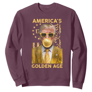 Funny Trump 2025 American's Golden Age Sweatshirt Trump Bubble Gum Gold American Flag TS11 Maroon Print Your Wear