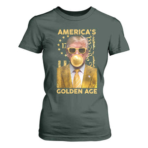 Funny Trump 2025 American's Golden Age T Shirt For Women Trump Bubble Gum Gold American Flag TS11 Dark Forest Green Print Your Wear