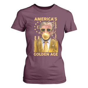 Funny Trump 2025 American's Golden Age T Shirt For Women Trump Bubble Gum Gold American Flag TS11 Maroon Print Your Wear