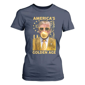 Funny Trump 2025 American's Golden Age T Shirt For Women Trump Bubble Gum Gold American Flag TS11 Navy Print Your Wear