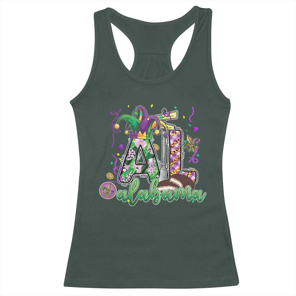 Funny Mardi Gras In Alabama AL Racerback Tank Top Moon Pie Jester Hat TS11 Dark Forest Green Print Your Wear