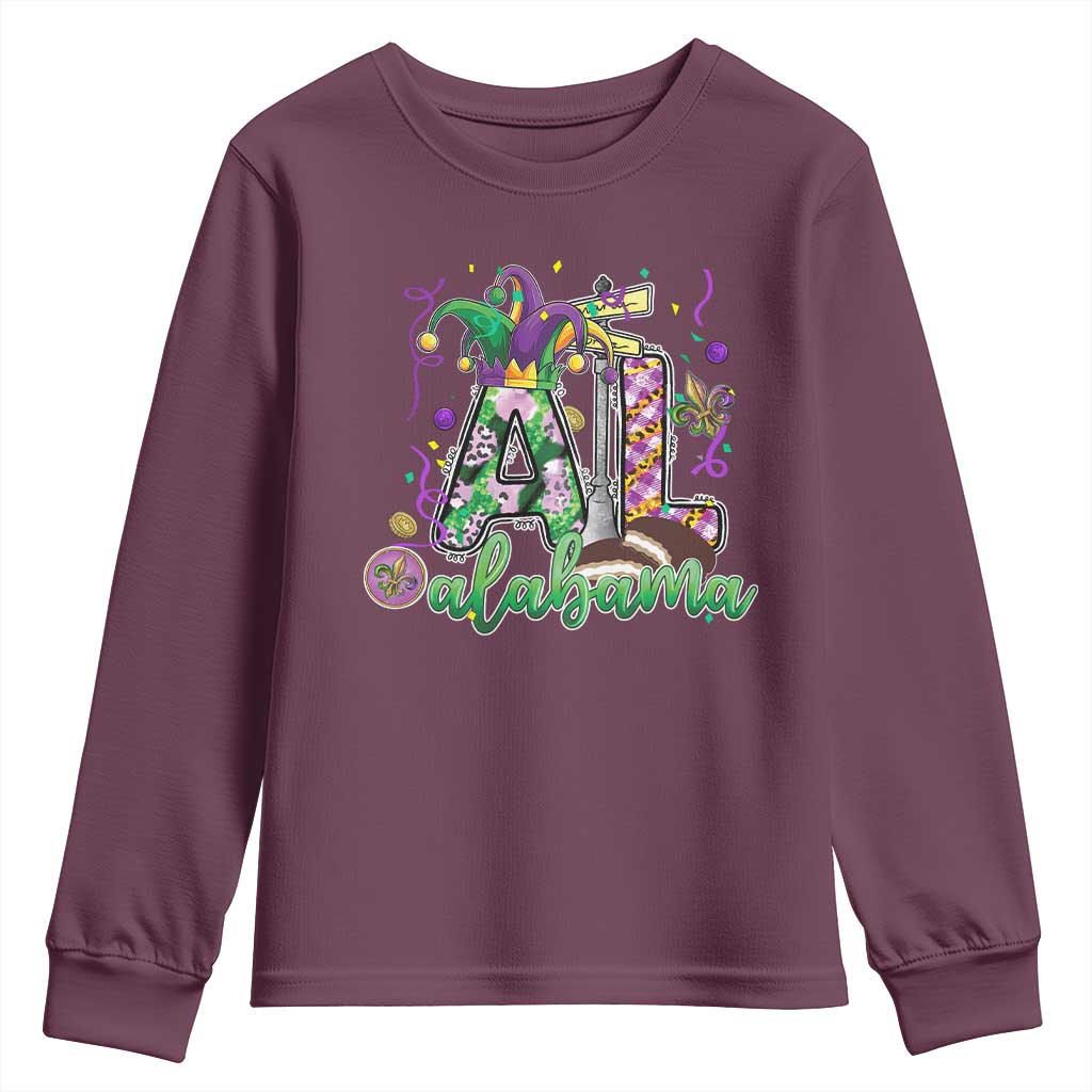 Funny Mardi Gras In Alabama AL Youth Sweatshirt Moon Pie Jester Hat TS11 Maroon Print Your Wear