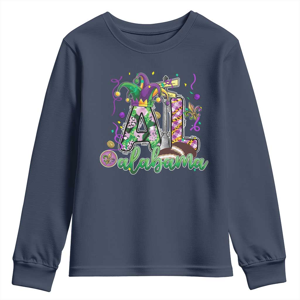 Funny Mardi Gras In Alabama AL Youth Sweatshirt Moon Pie Jester Hat TS11 Navy Print Your Wear