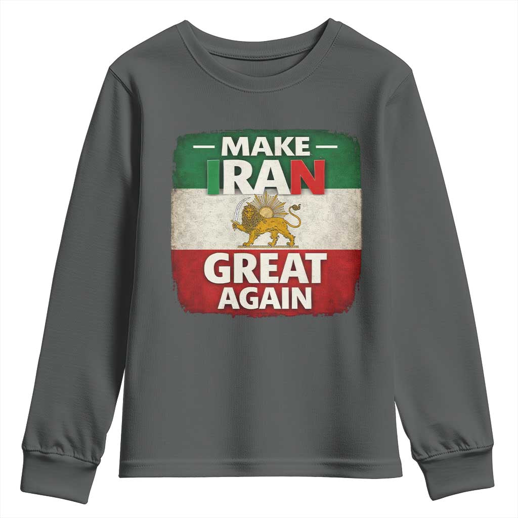 Make Iran Great Again Youth Sweatshirt MIGA Vintage Persian Lion Flag TS11 Dark Heather Print Your Wear