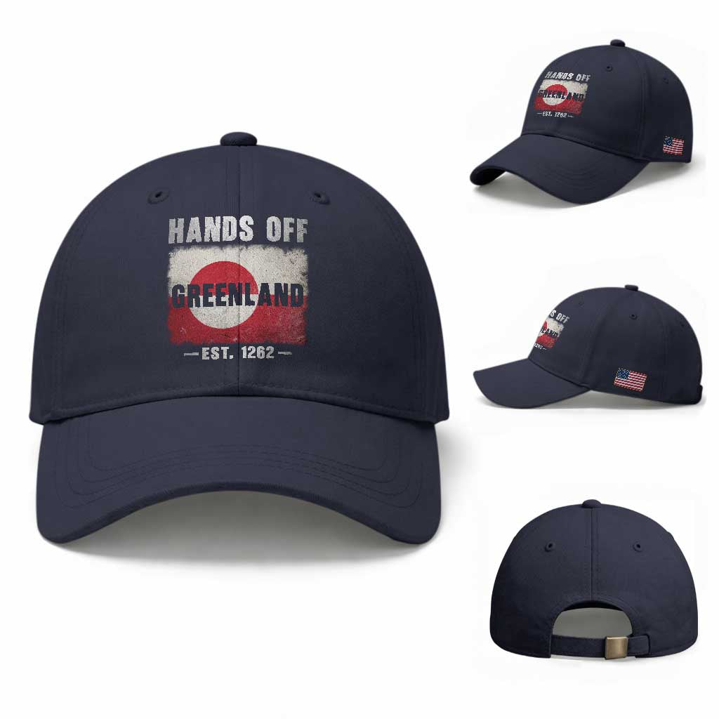 Hands Off Greenland Baseball Cap Greenland EST 1262 Political Protest TS11 Baseball Cap Universal Fit Navy Print Your Wear
