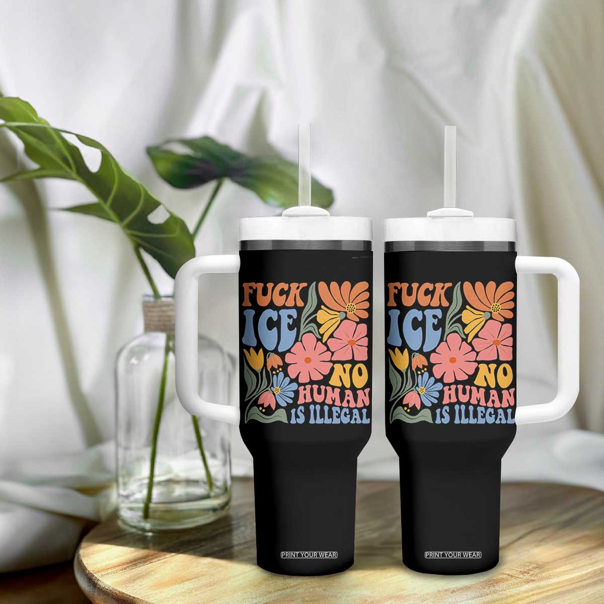 Fck Ice No Human Is Illegal Tumbler With Handle Immigration Rights Protest Rertro Floral TS11 Print Your Wear