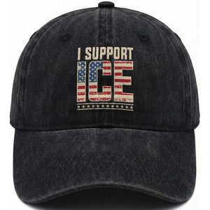 I Support ICE Washed Cotton Baseball Cap Immigration Officers Vintage American Flag TS11 Print Your Wear