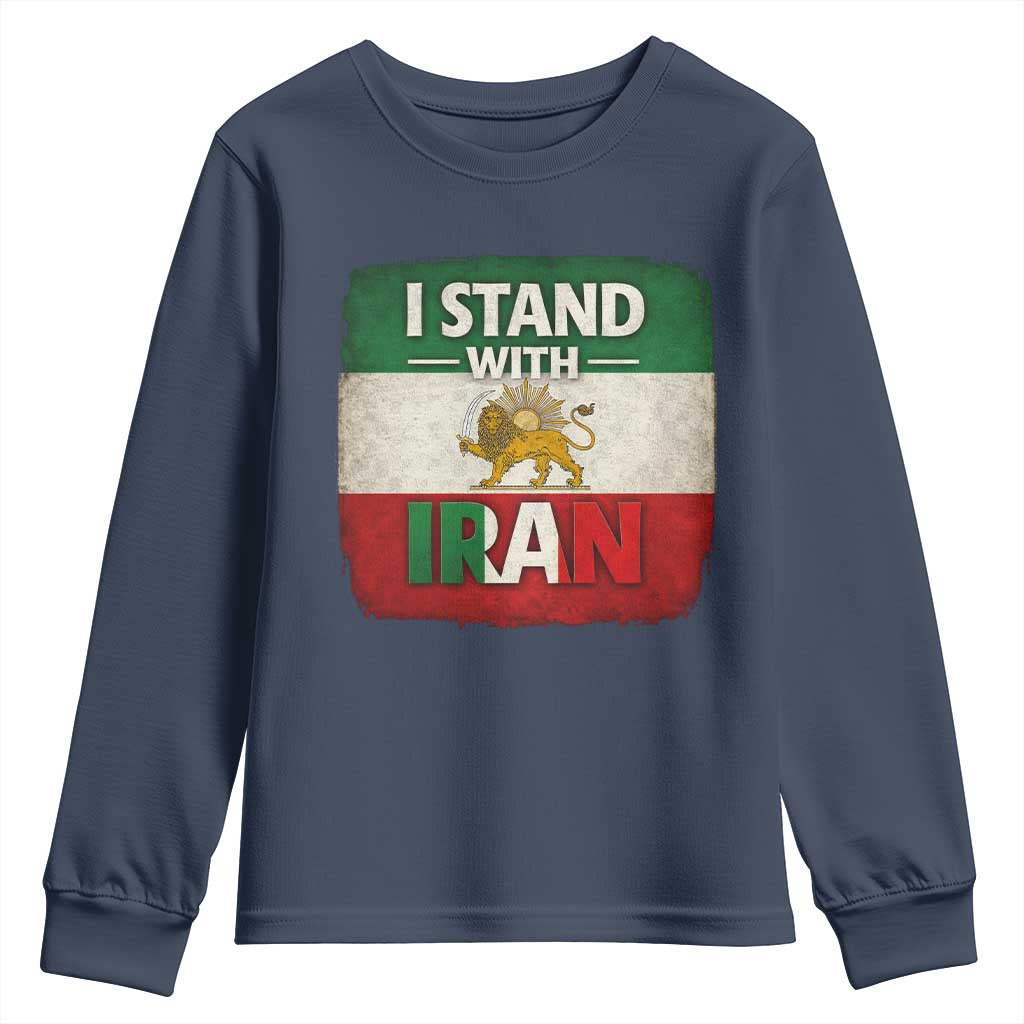 I Stand With Iran Youth Sweatshirt Free Iran Support Persian Lion Flag TS11 Navy Print Your Wear
