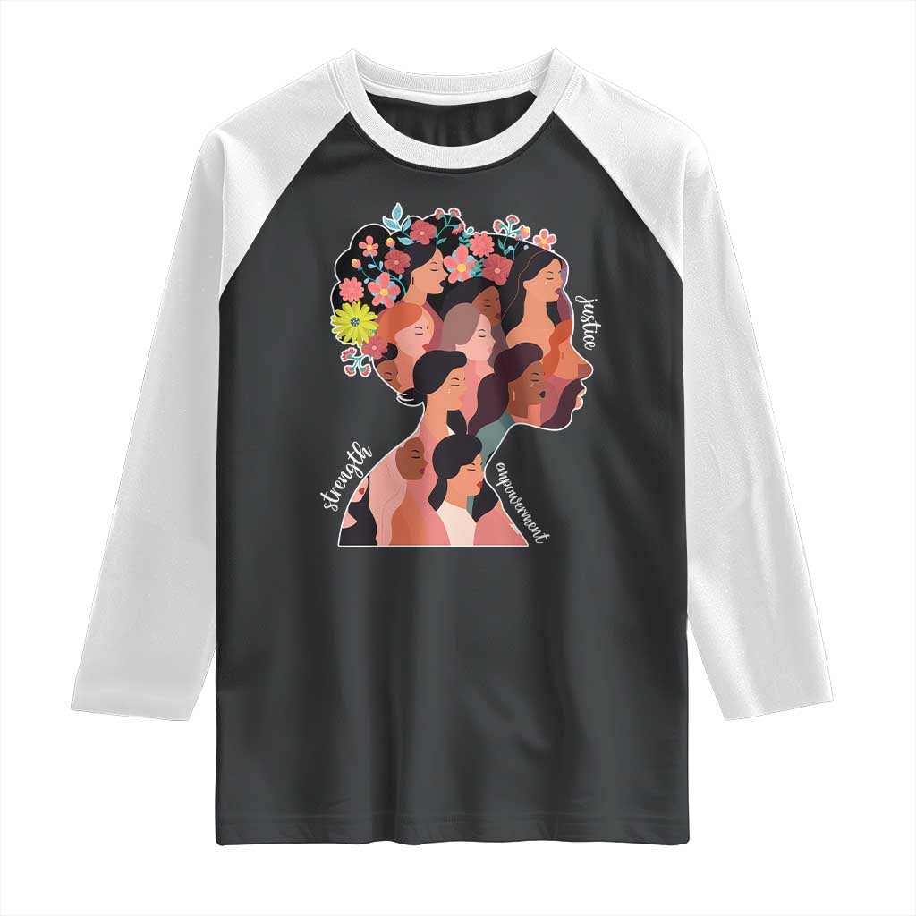International Women's Day Raglan Shirt Justice Strength Empowerment Feminist TS11 Black White Print Your Wear