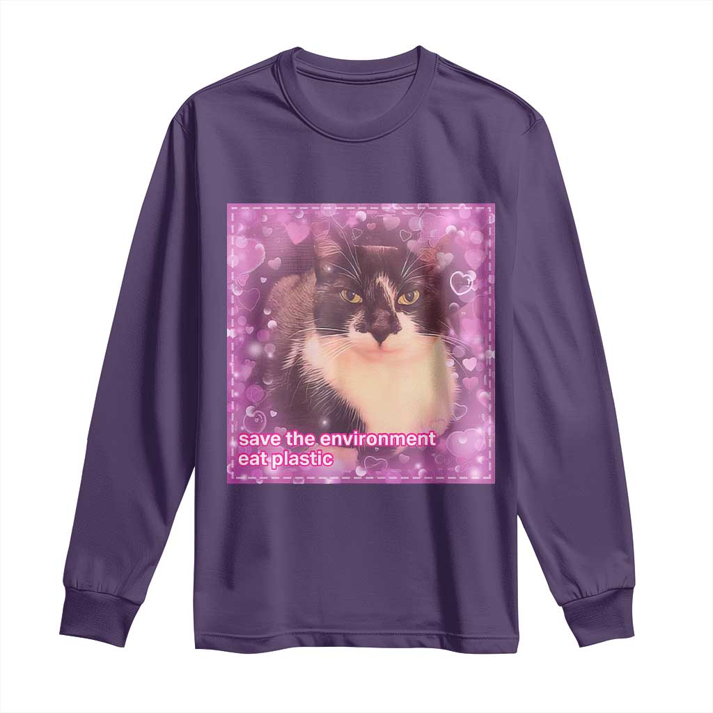Funny Save The Environment Eat Plastic Long Sleeve Shirt Cat Meme TS11 Purple Print Your Wear