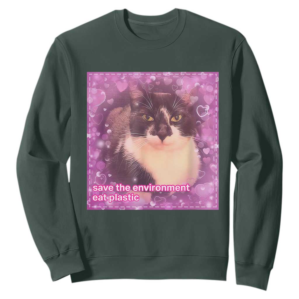 Funny Save The Environment Eat Plastic Sweatshirt Cat Meme TS11 Dark Forest Green Print Your Wear