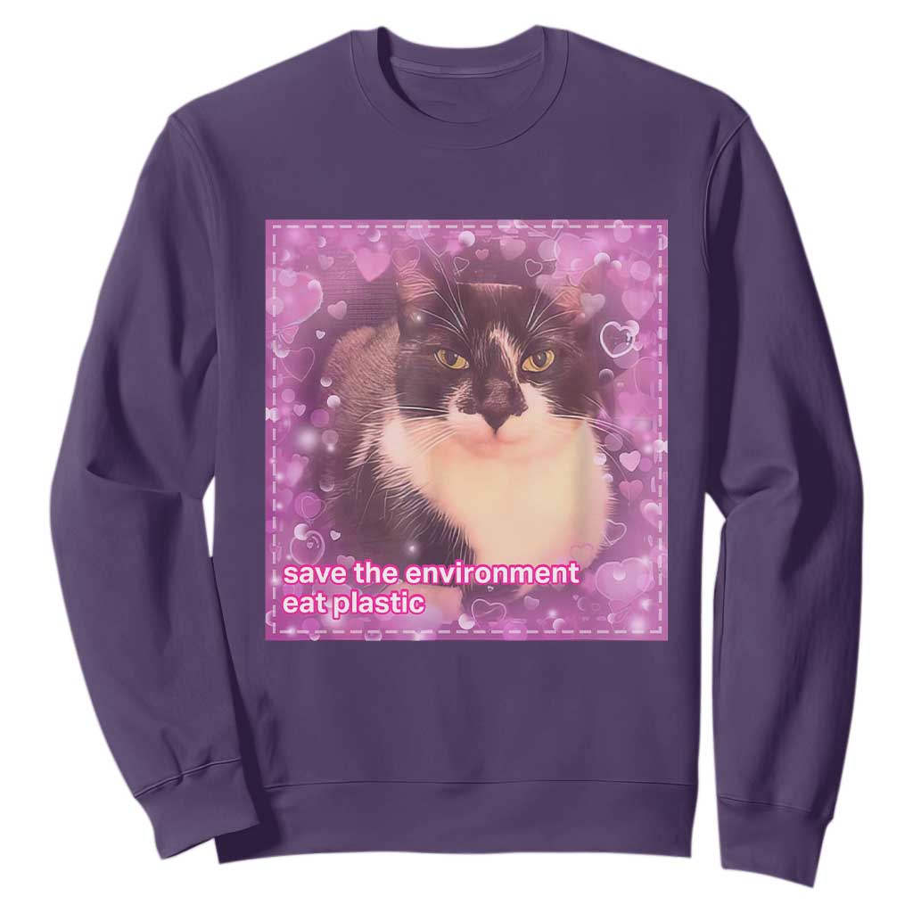 Funny Save The Environment Eat Plastic Sweatshirt Cat Meme TS11 Purple Print Your Wear