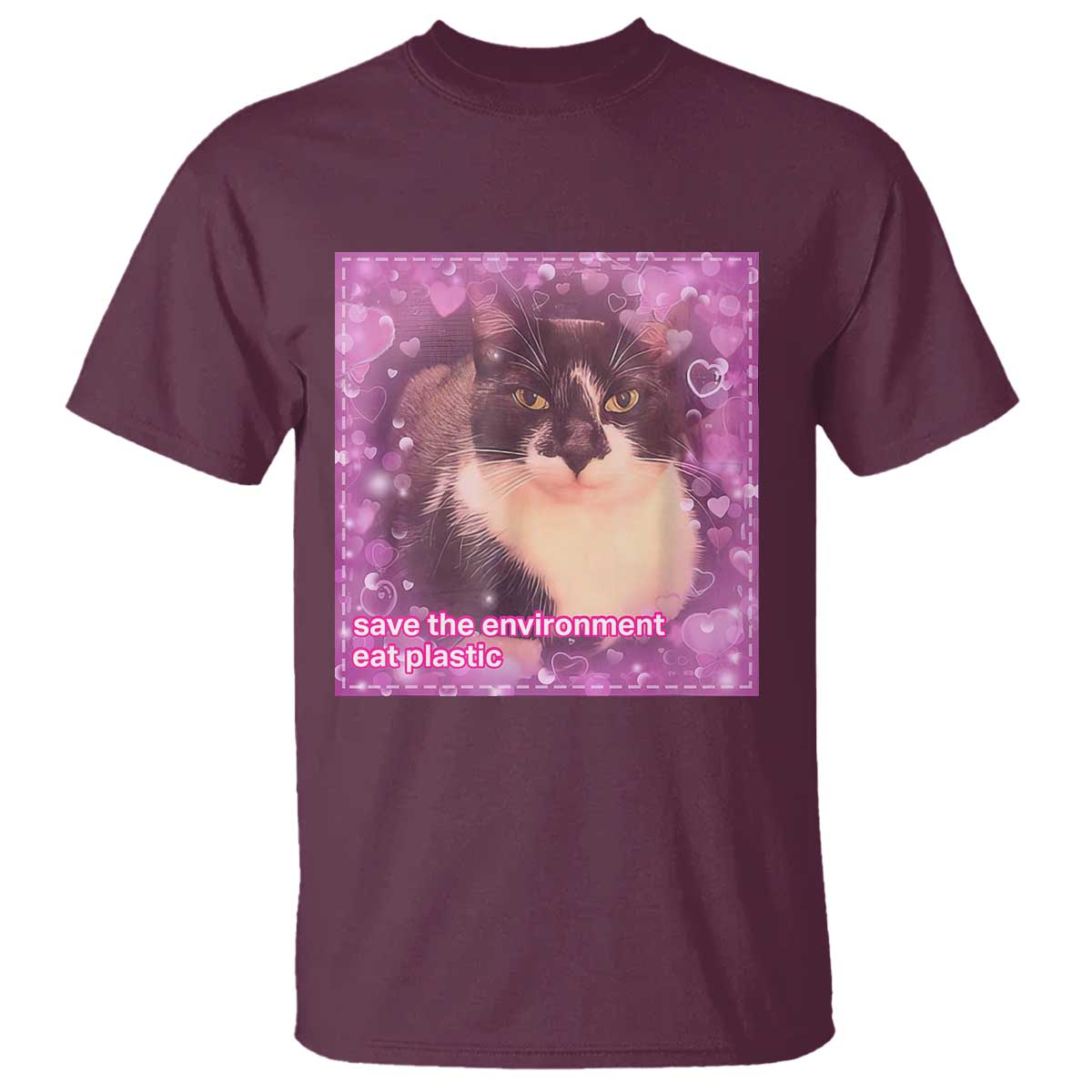 Funny Save The Environment Eat Plastic T Shirt Cat Meme TS11 Maroon Print Your Wear