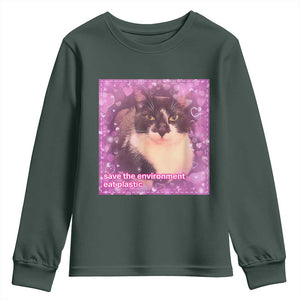 Funny Save The Environment Eat Plastic Youth Sweatshirt Cat Meme TS11 Dark Forest Green Print Your Wear