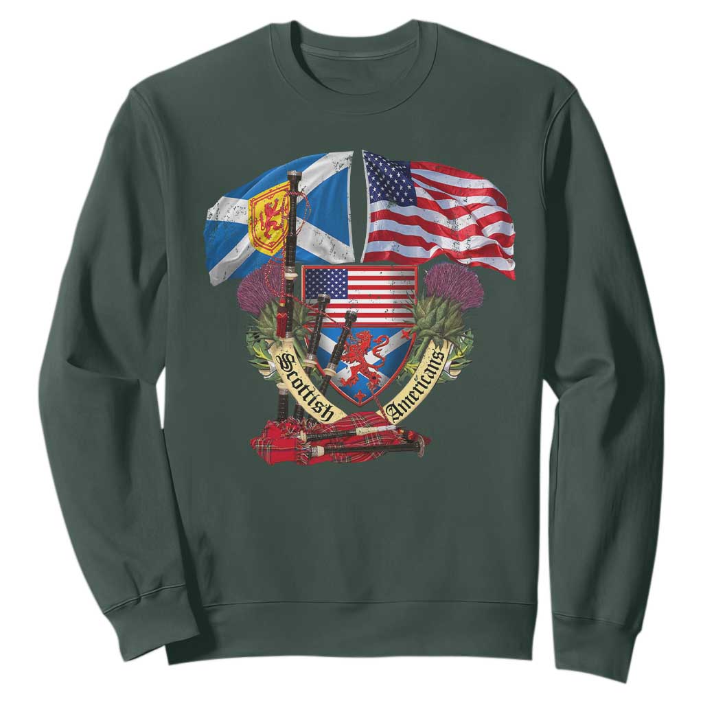 Scottish American Heritage Month Sweatshirt Bagpipe Vintage Scottish American Flag Thistle TS11 Dark Forest Green Print Your Wear