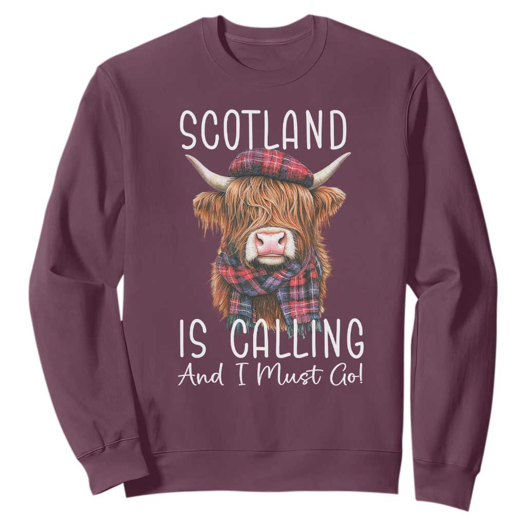 Funny Scotland Is Calling And I Must Go Sweatshirt Highland Cow TS11 Maroon Print Your Wear