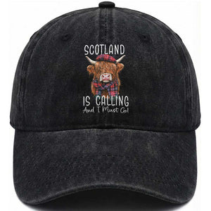 Funny Scotland Is Calling And I Must Go Washed Cotton Baseball Cap Highland Cow TS11 Print Your Wear